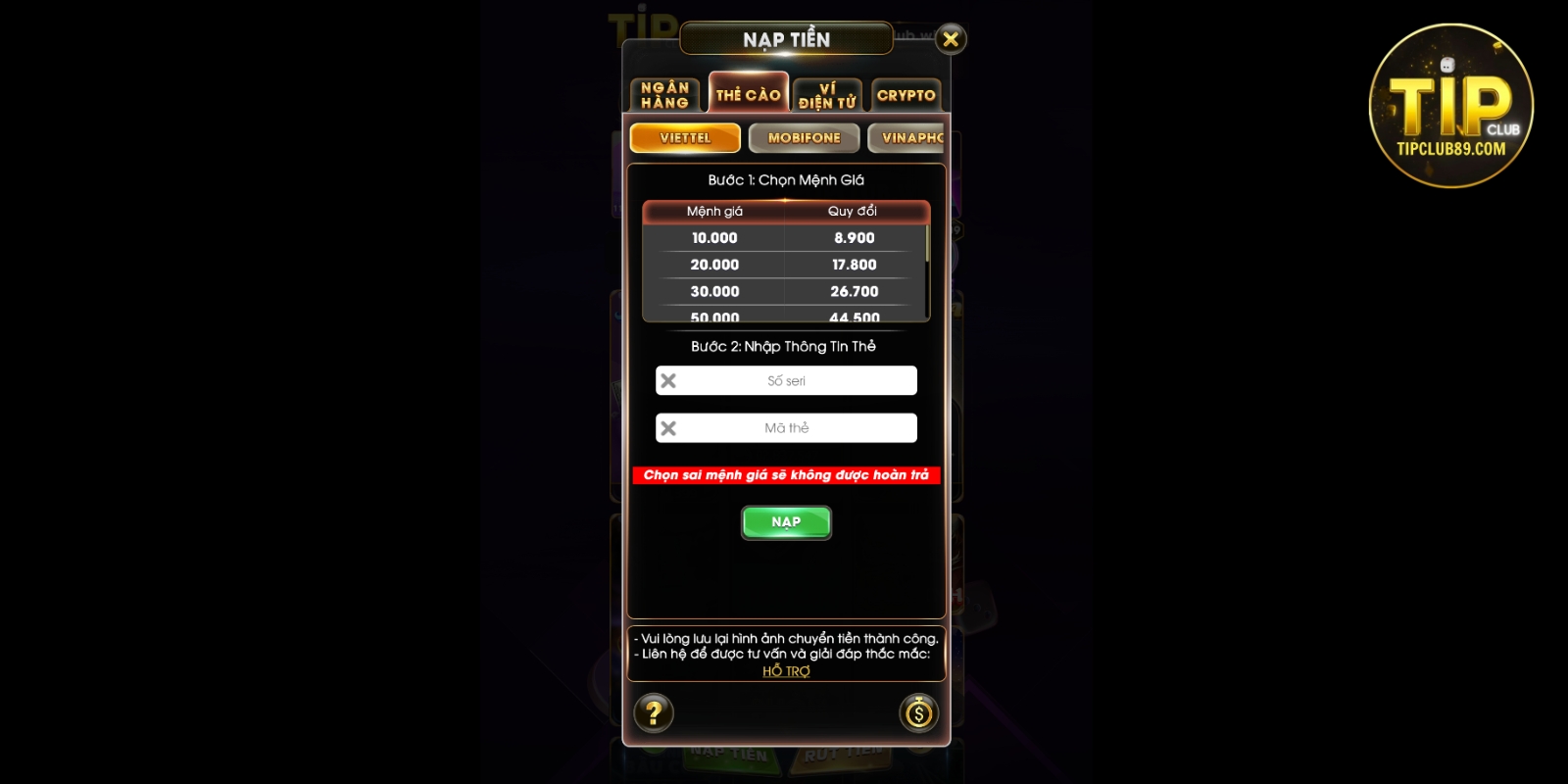 Nạp tiền Tipclub qua thẻ cào Nạp tiền Tipclub qua thẻ cào