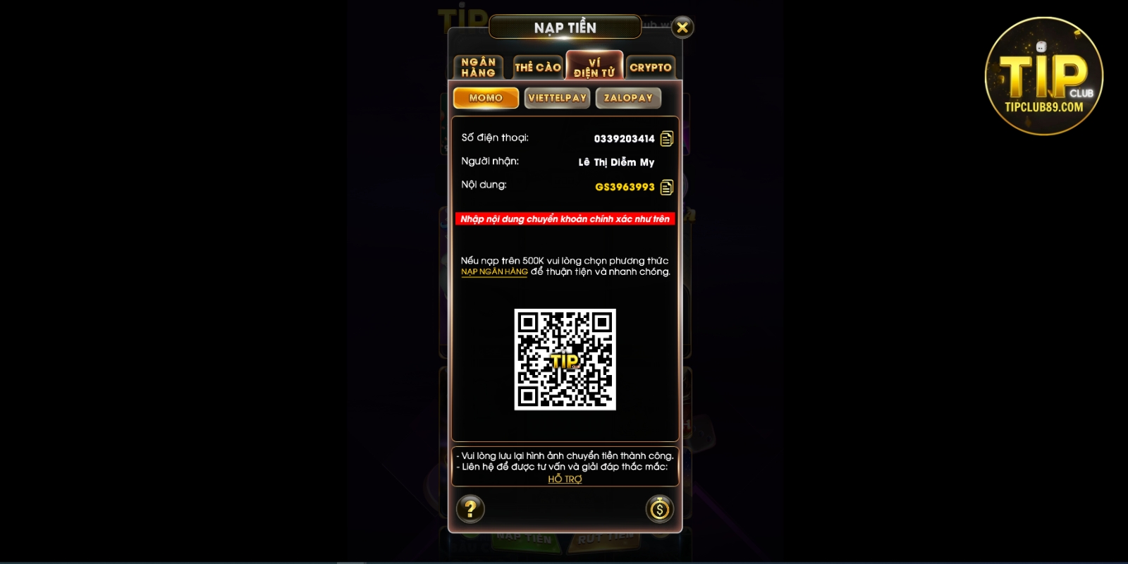 Nạp tiền Tipclub qua ví điện tử Nạp tiền Tipclub qua ví điện tử