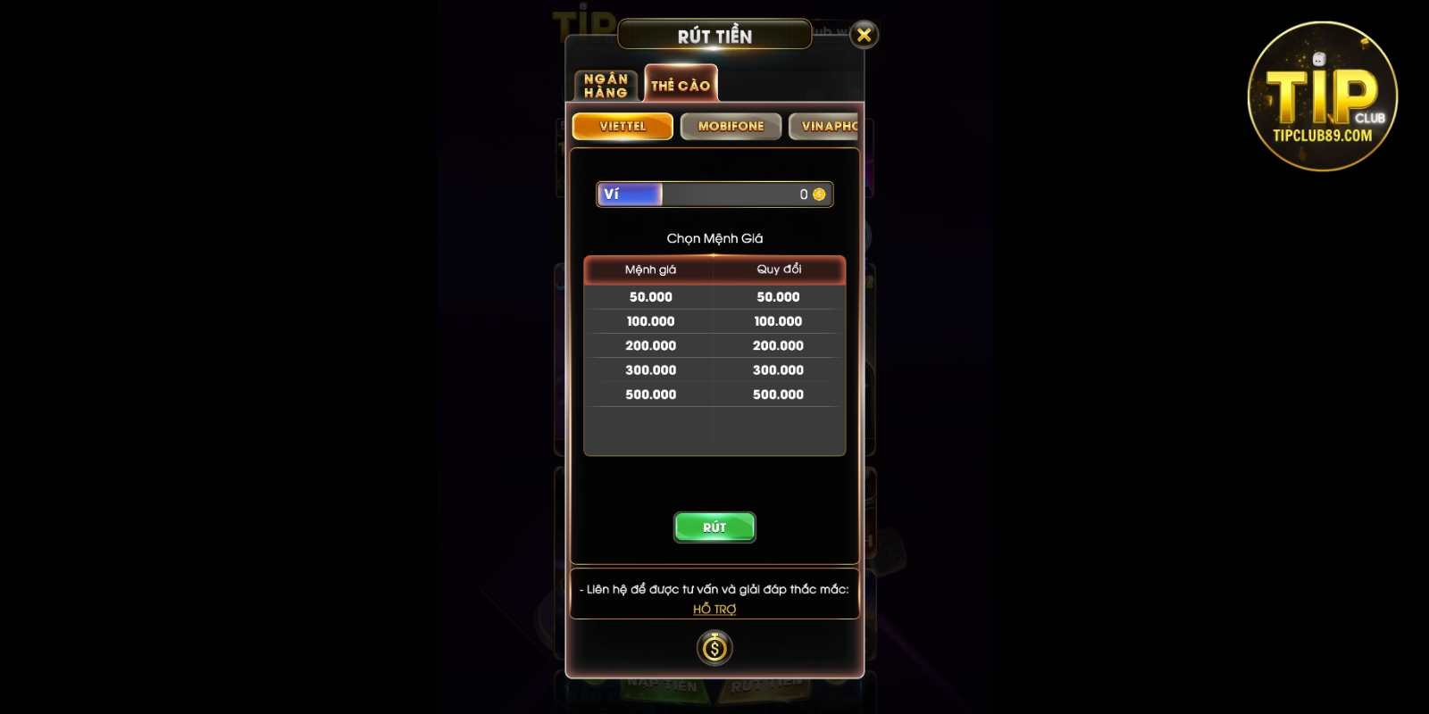 Rút tiền Tipclub qua thẻ cào điện thoại Rút tiền Tipclub qua thẻ cào điện thoại